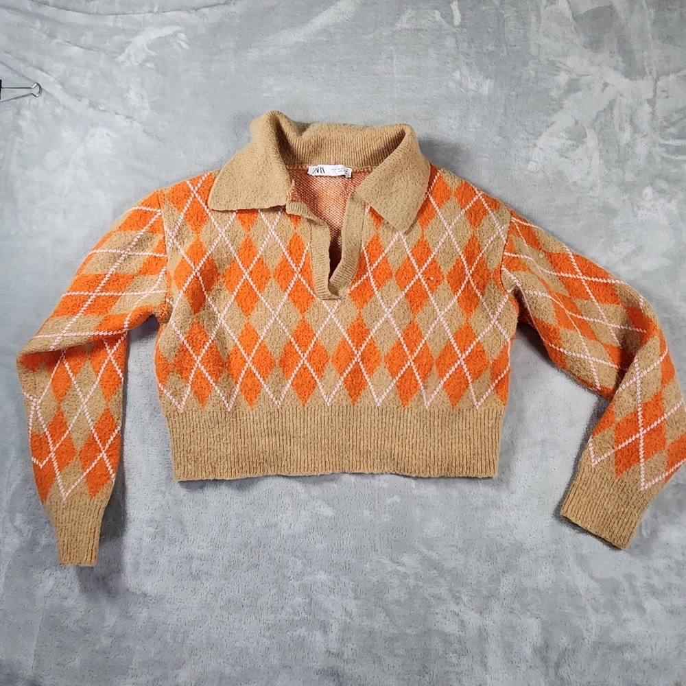 Zara Women's Argyle Alpaca Blend Cropped V-Neck‎ Sweater Preppy M 90s Academia